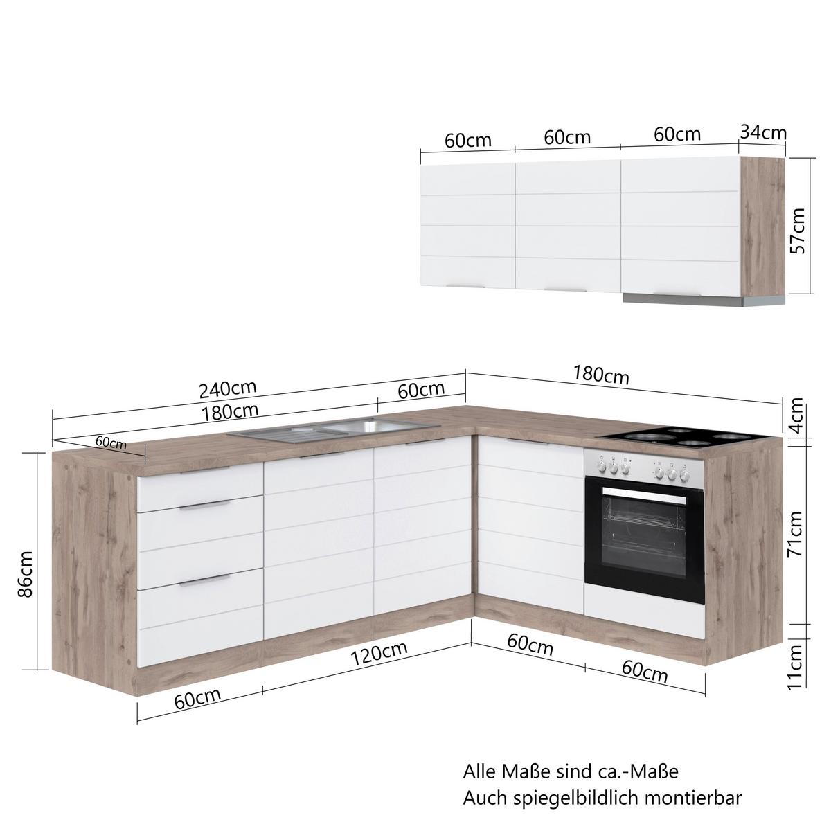 Eckküche Florenz mit Geräte 240x180 cm Grau/Eiche Dekor - Eiche Wotan/Grau, Design, Holzwerkstoff (240/180cm) - Held