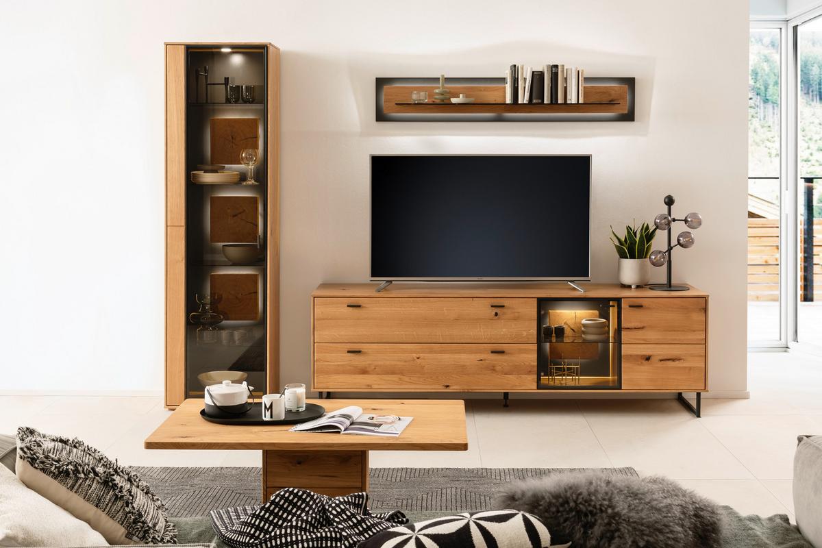 Lowboard Assini B: 213 cm Wildeiche - Wildeiche/Schwarz, Design, Glas/Holz (213/68/50cm) - MID.YOU