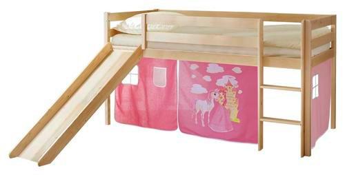 Spielbett Manuel Pink Kiefe Massiv 90 cm Leiter Rutsche - Pink/Kieferfarben, Natur, Holz (90/200cm) - MID.YOU