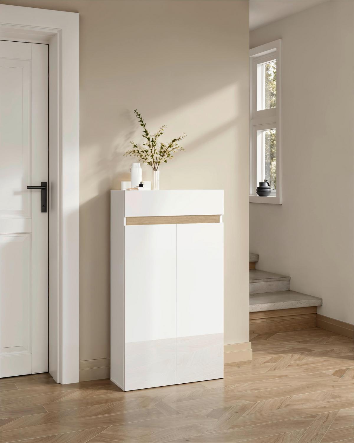 Schuhschrank Rainbow Eichefarben/weiß Hg B: 63 Cm - Eichefarben/Weiß Hochglanz, Design, Holzwerkstoff (63/114/35cm) - MID.YOU