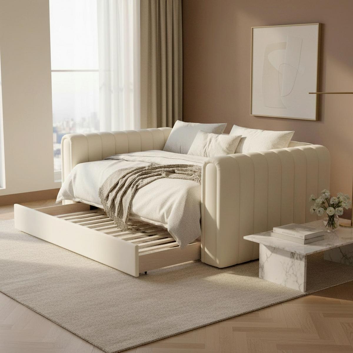 Výsuvná postel TASHA 90x200 cm, krémová - černá/krémová, Moderní, dřevo/textil (90/200cm) - Bessagi Home
