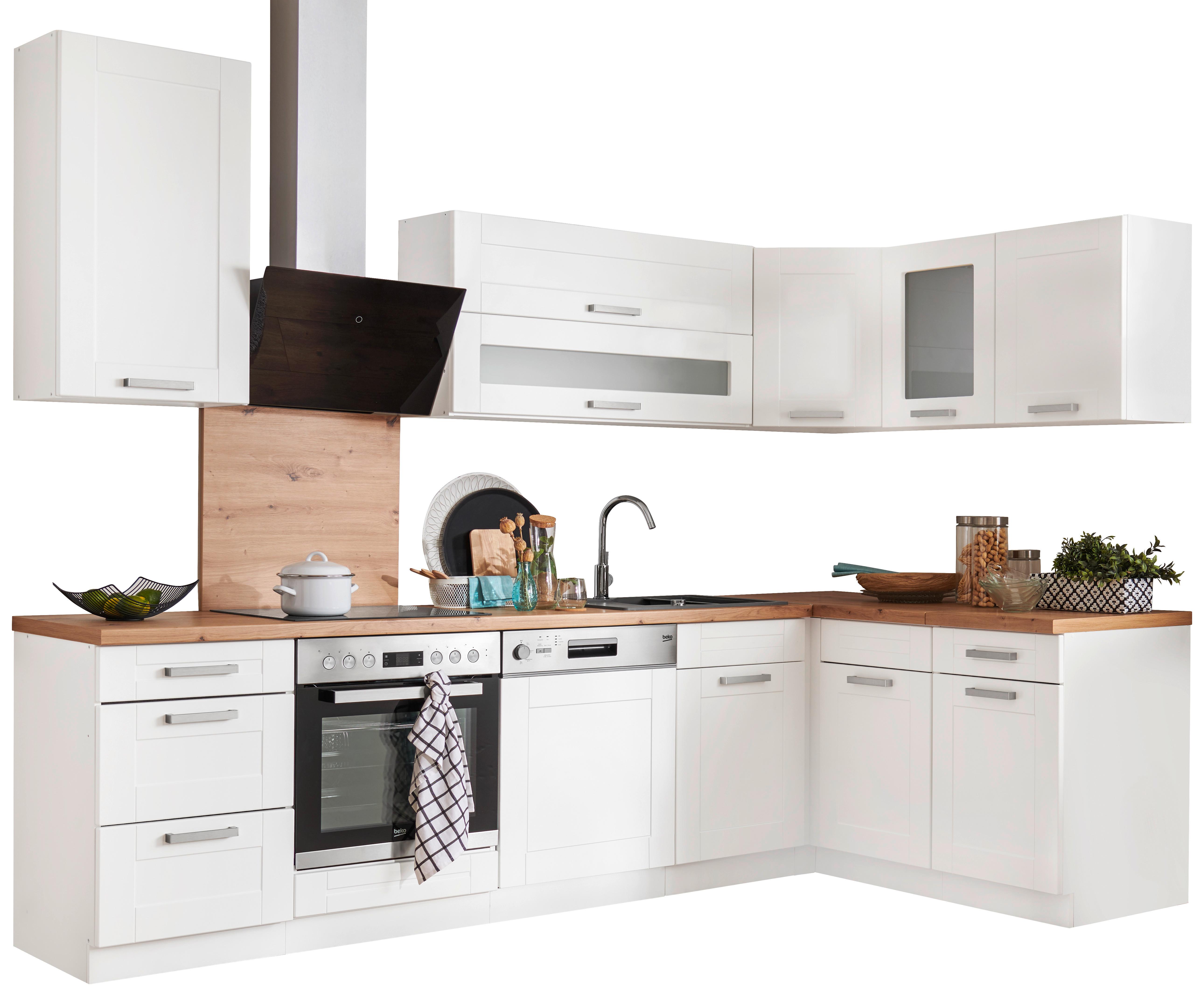 Eckküche Luisa ohne Geräte 280x160 cm Weiß - Weiß, ROMANTIK / LANDHAUS, Glas/Holzwerkstoff (280/160cm)