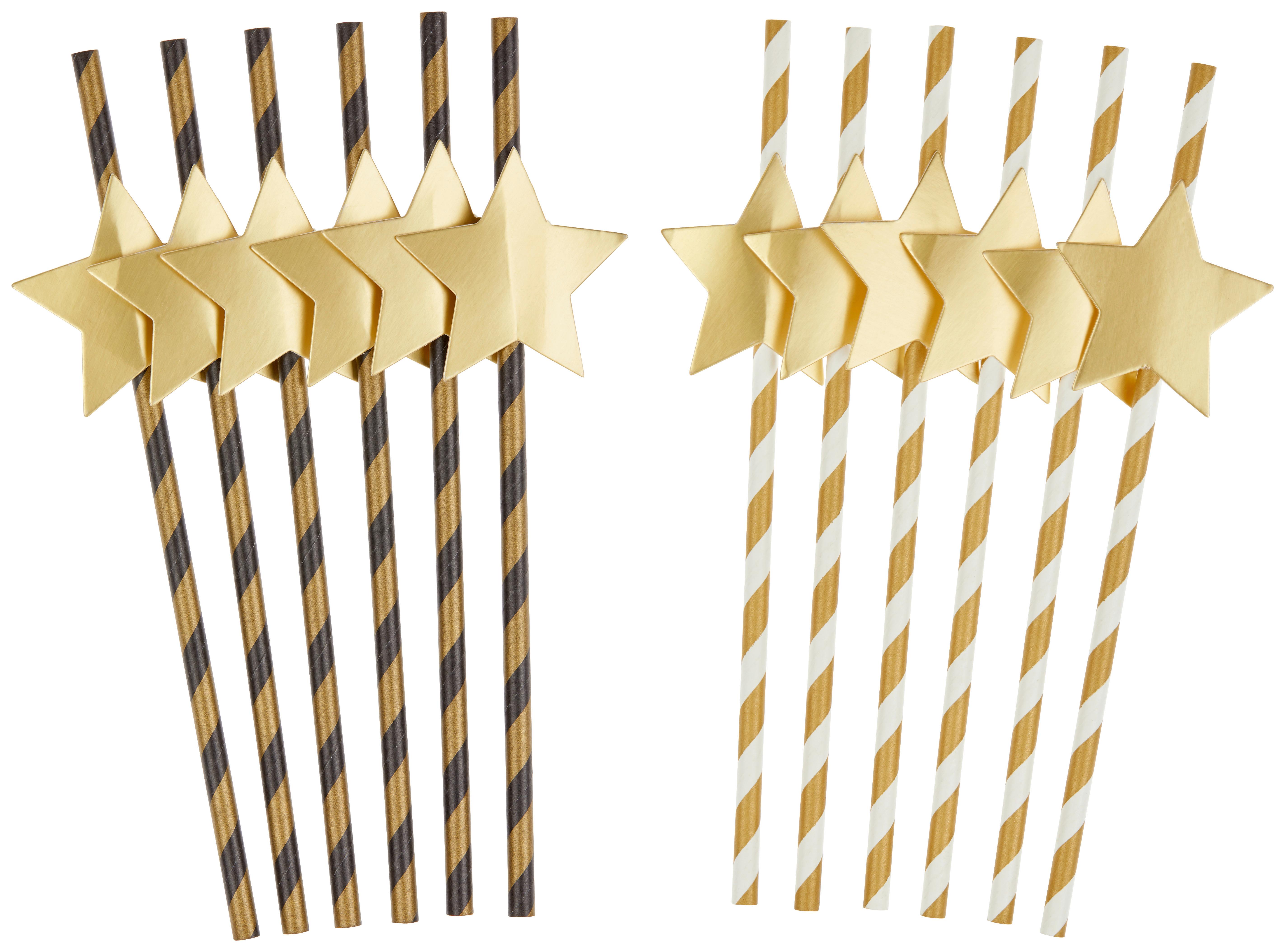 Szívószálszett Stripes & Stars - fekete/aranyszínű, Design, papír (20cm)