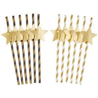Szívószálszett Stripes & Stars - fekete/aranyszínű, Design, papír (20cm)
