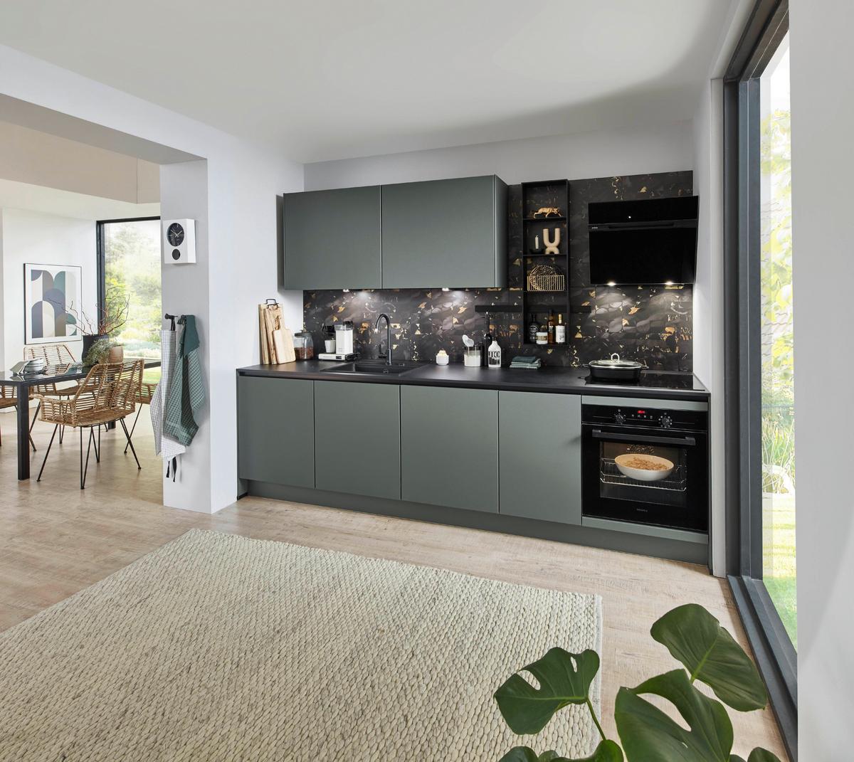 Küchenzeile Eastbourne Ohne Geräte 290 Cm Mineralgrün - Basics, Holzwerkstoff (290cm) - Vertico