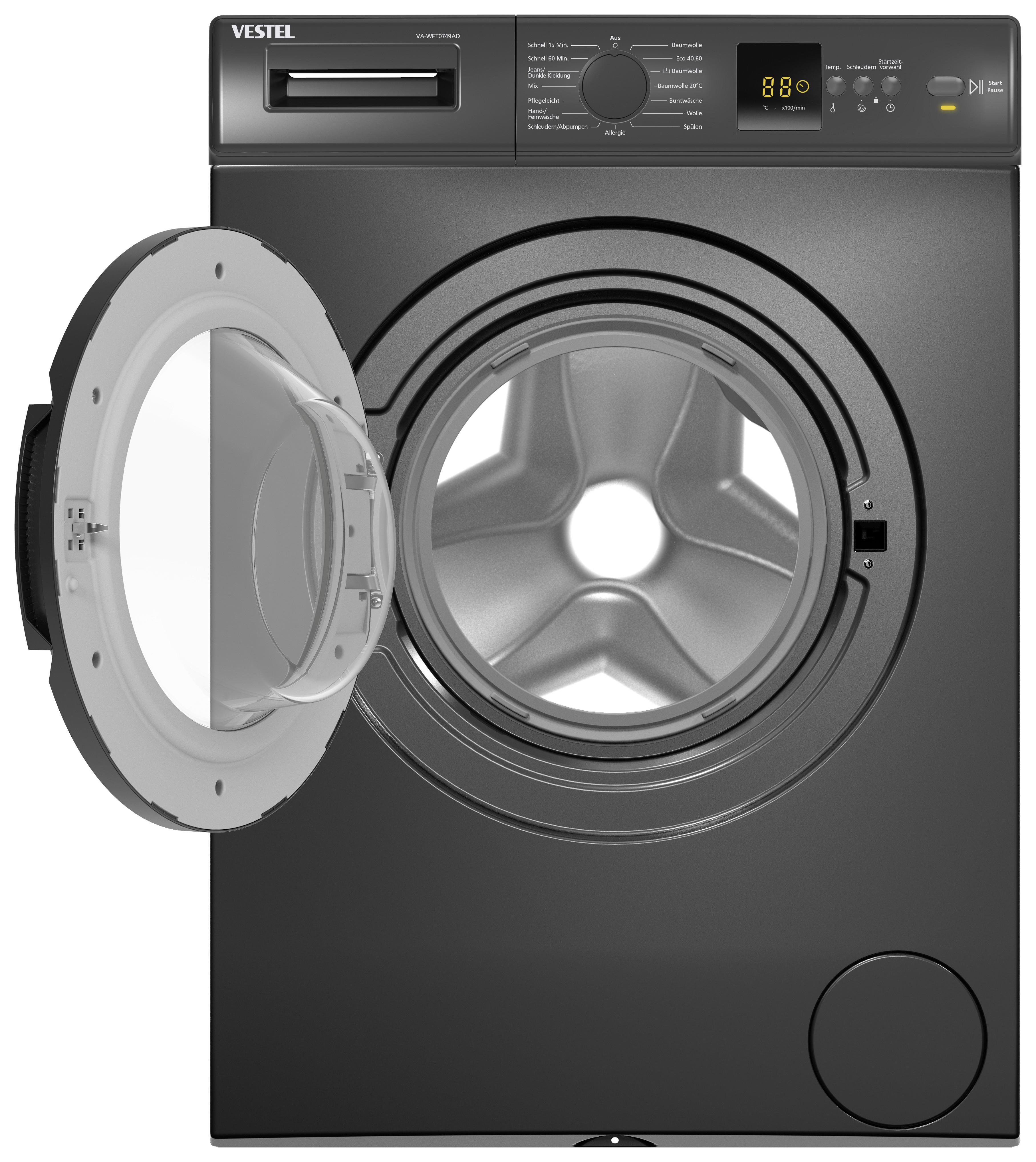 Waschmaschine Va-Wft0749ad 7 Kg 1400 U/Min - Anthrazit, KONVENTIONELL, Glas/Kunststoff (59.7/84.5/49.7cm) - Vestel