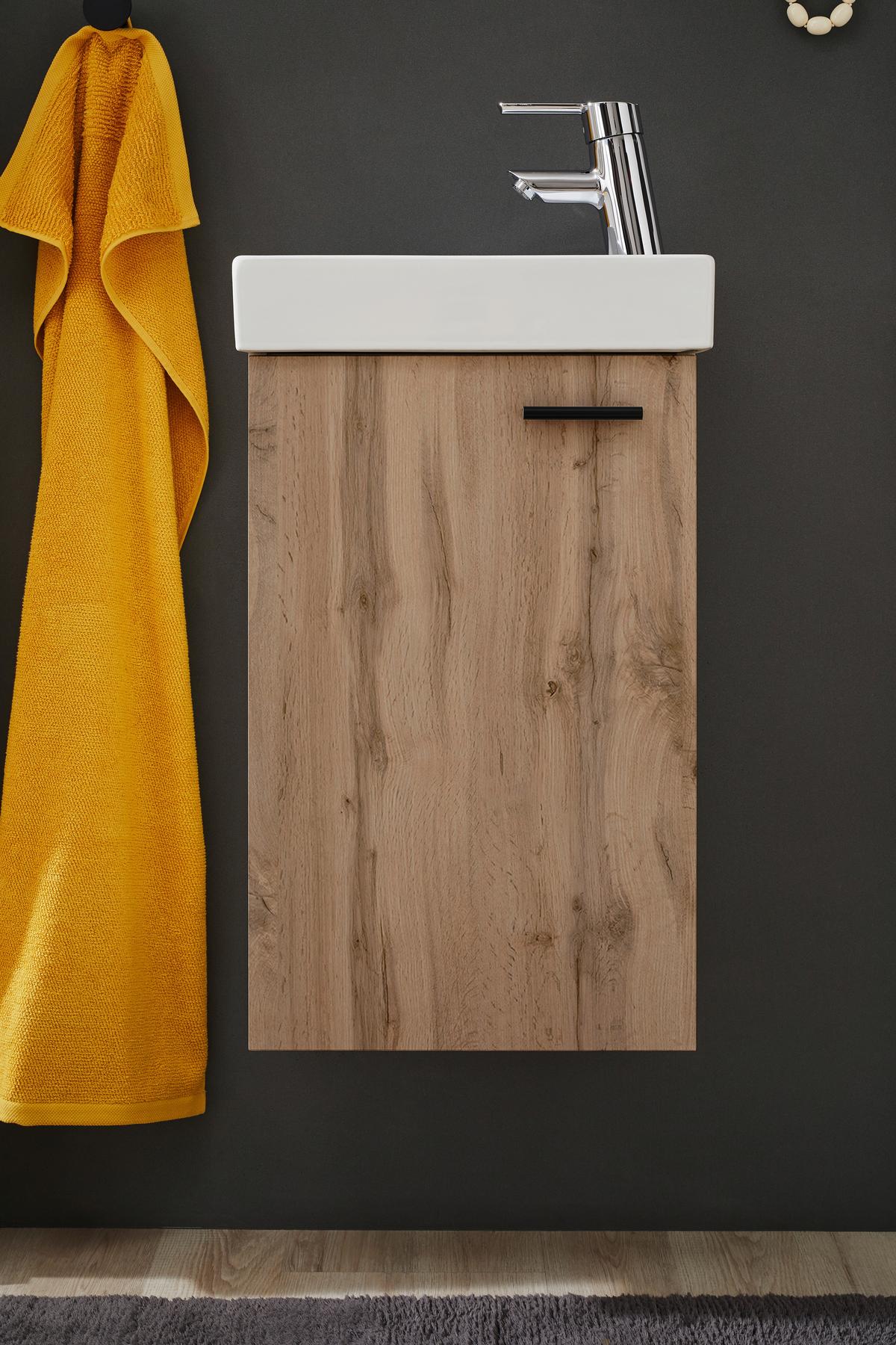 Hosťovská kúpeľňa AMY - divoký dub/biela, Modern, kompozitné drevo/sklo (41/165/23cm) - Mömax