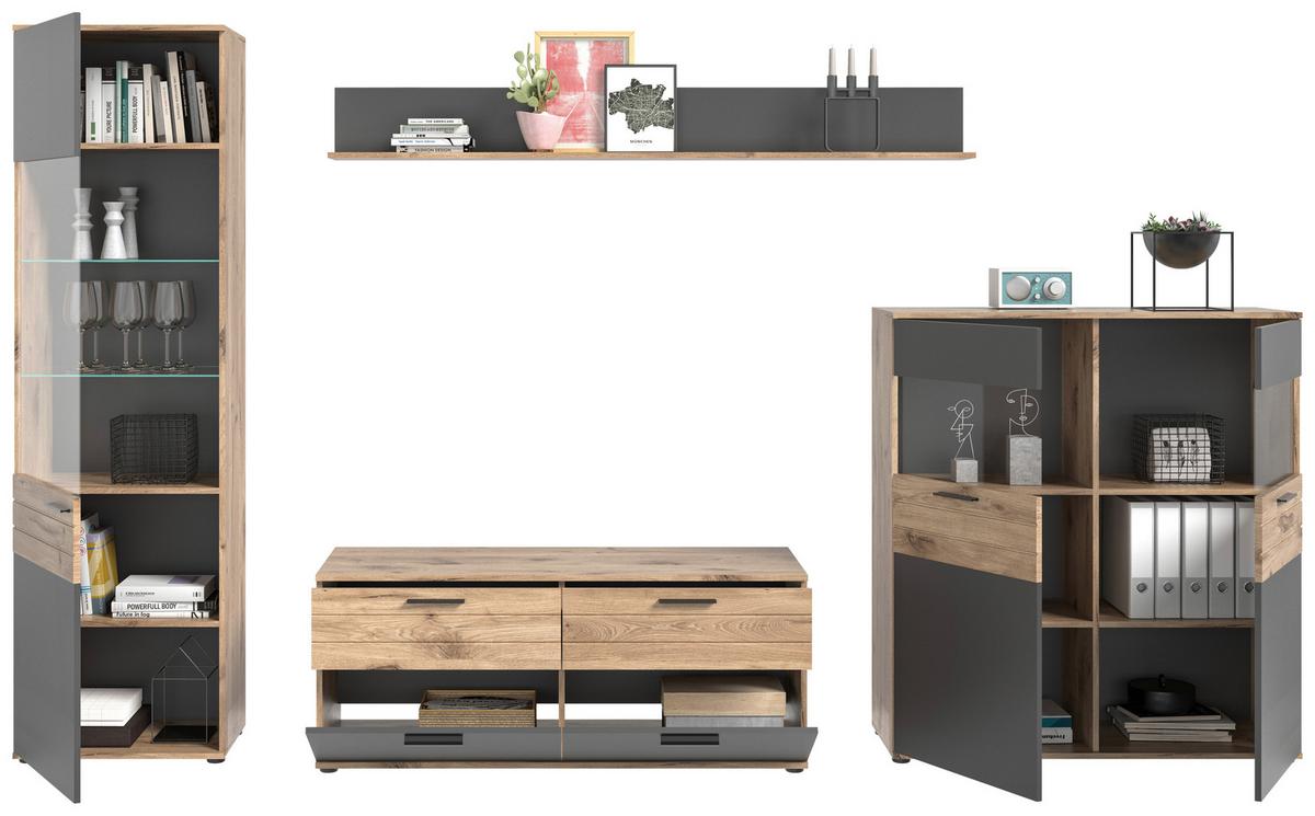 Wohnwand Mason Grau B: 327 cm - Grau, KONVENTIONELL, Glas/Holzwerkstoff (327/200/44cm) - MID.YOU