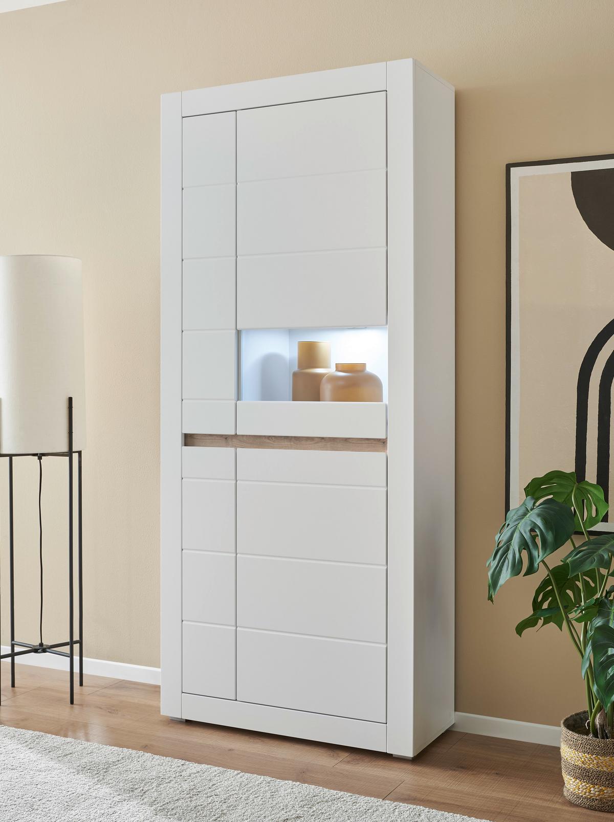 Vitrine Chester Weiß/Eichefarben B: 85cm - Eichefarben/Silberfarben, Design, Holzwerkstoff (85/198/35cm) - MID.YOU