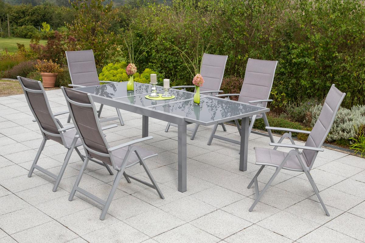Gartengarnitur 7-Tlg. Taviano Metall/Textil/Glas - Silberfarben/Braun, ROMANTIK / LANDHAUS, Textil/Metall - Gardenson