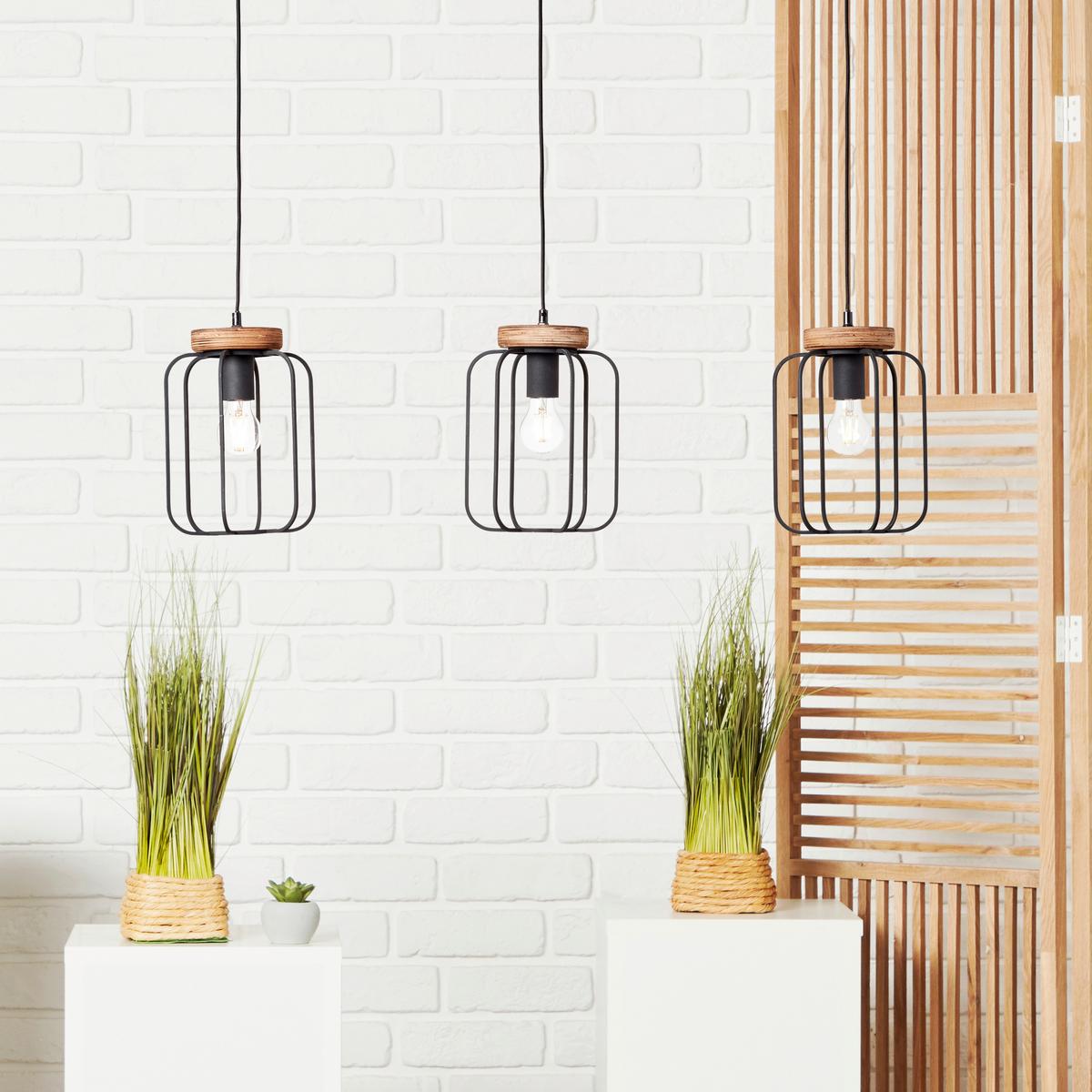 Hängeleuchte Tosh H: 130 Cm 3-Flammig, Käfigschirme - Schwarz/Braun, LIFESTYLE, Holz/Metall (100/20/130cm) - Brilliant