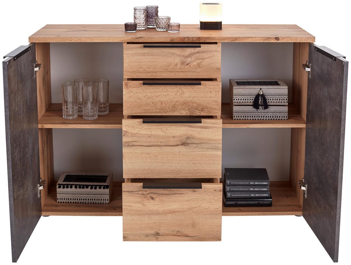 Kommode B 120cm Kai 2, Wotan Eiche Dekor/Beton Optik - Eichefarben/Alufarben, MODERN, Holzwerkstoff (120/80/39cm)