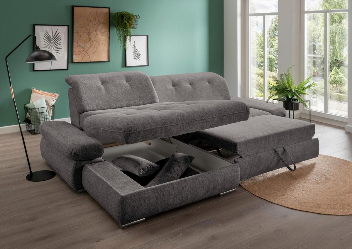 Ecksofa Mit Schlaffunktion Dalida Braun/grau Chenille - Chromfarben/Graubraun, Design, Textil (196/300cm) - Livetastic