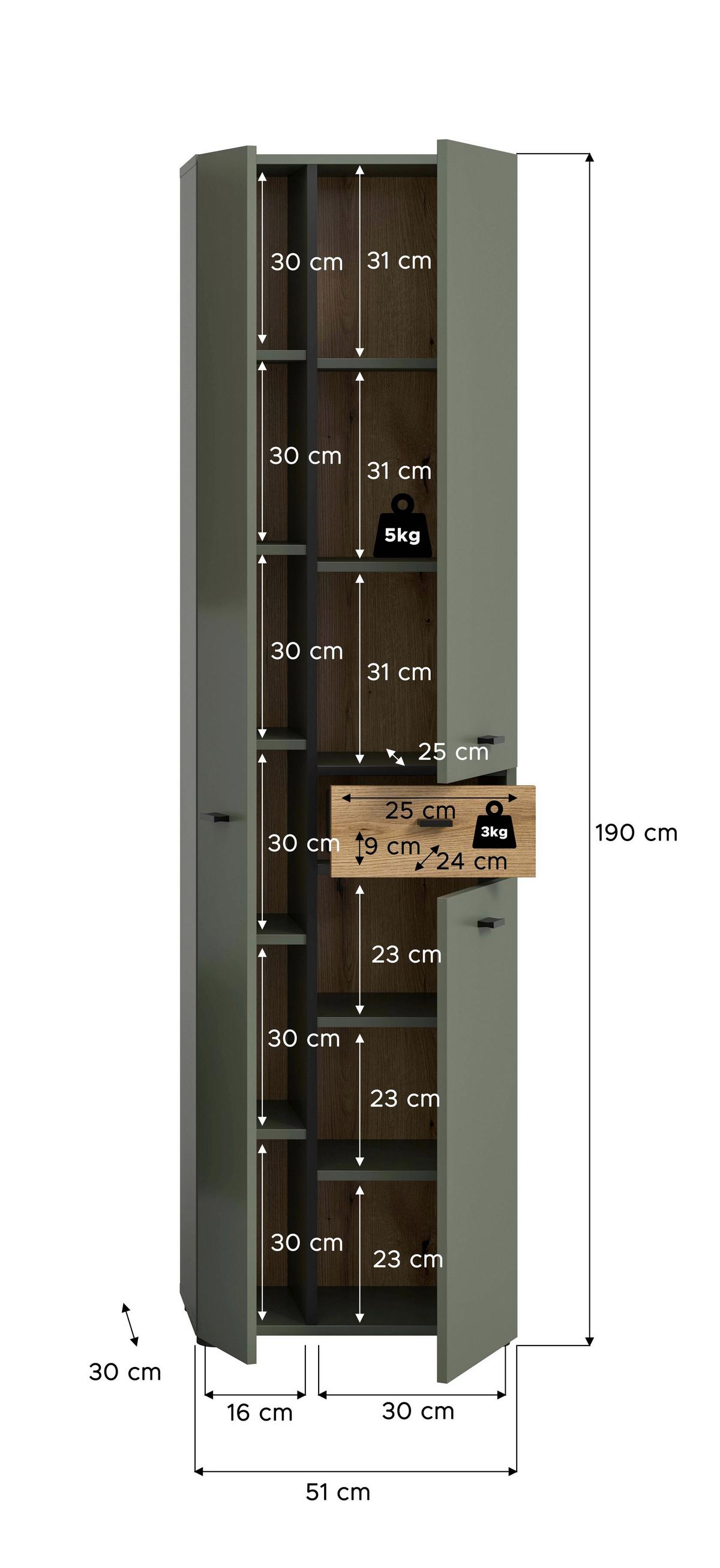 Hochschrank Aqua Grün/Eichefarben B: 51cm - Eichefarben/Schwarz, Trend, Holzwerkstoff (51/191/30cm) - MID.YOU