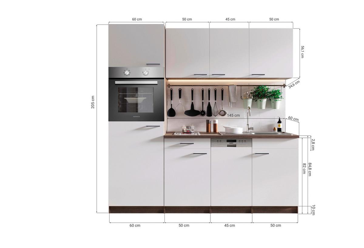 Küchenblock Oliver Singleküche 205 cm - Eichefarben/Grau, Basics, Holzwerkstoff (205cm) - Respekta