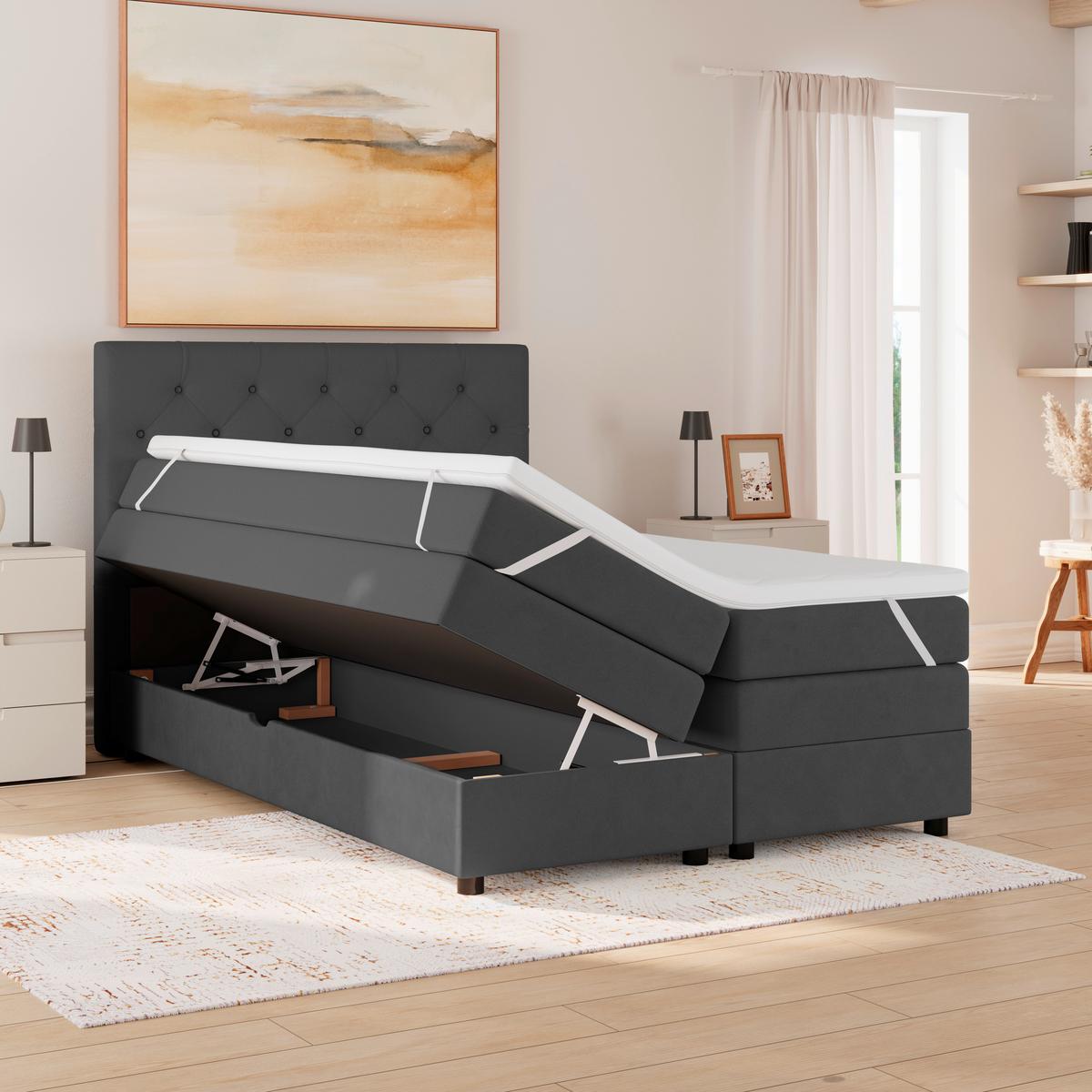 Boxspringbett Elio Graphitfarben 140x200 Cm H4 - Schwarz/Graphitfarben, ROMANTIK / LANDHAUS, Textil (144/121/212cm) - James Wood