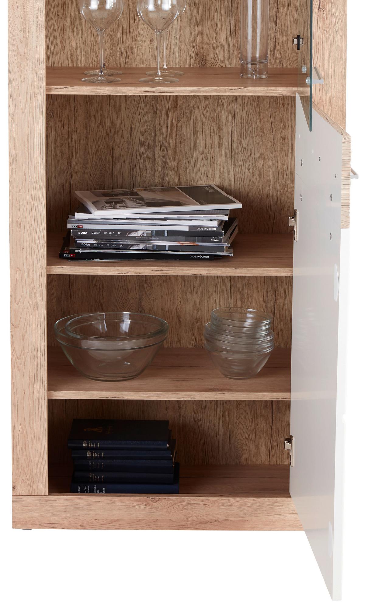 Vitrine Malta B: 63,9 cm inkl. Beleuchtung, Eiche Dekor/Weiß - Eichefarben/Schwarz, MODERN, Glas/Holzwerkstoff (63,9/196,6/34,9cm)