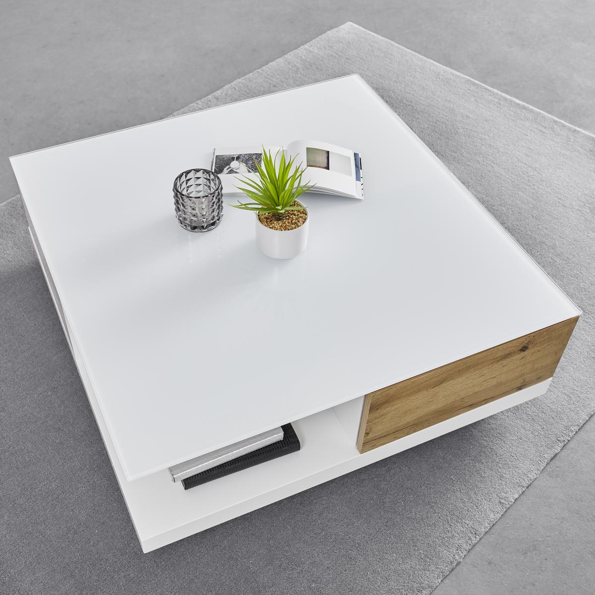Konferenční stolek NEVIO bílá/dekor dub - bílá/barvy dubu, Moderní, sklo (85/85/30cm) - Bessagi Home