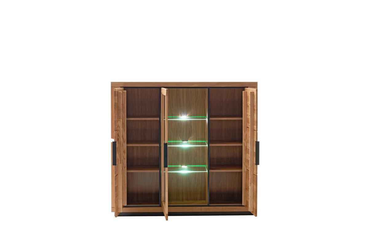 Highboard 156cm Greno Wildeiche Massiv - Wildeiche/Schwarz, ROMANTIK / LANDHAUS, Glas/Holz (153/142/40cm)