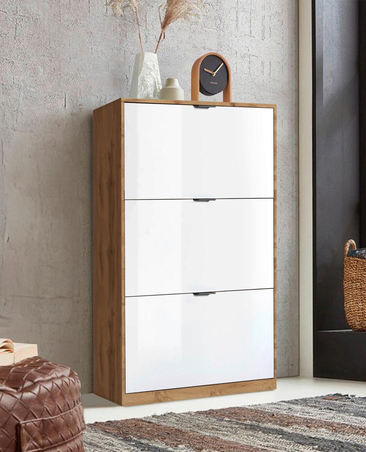 Cipősszekrény Yoro 3 64/119,7cm - Wotan tölgy/magasfényű fehér, Konventionell, faalapú anyag (64/119,7/19cm)