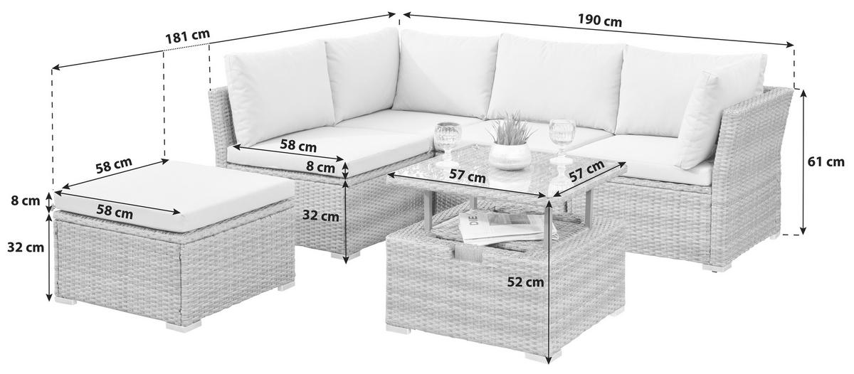 Loungegarnitur 14-tlg Malaga Grau - Grau, KONVENTIONELL, Glas/Kunststoff (190/40/181cm) - Gardenson