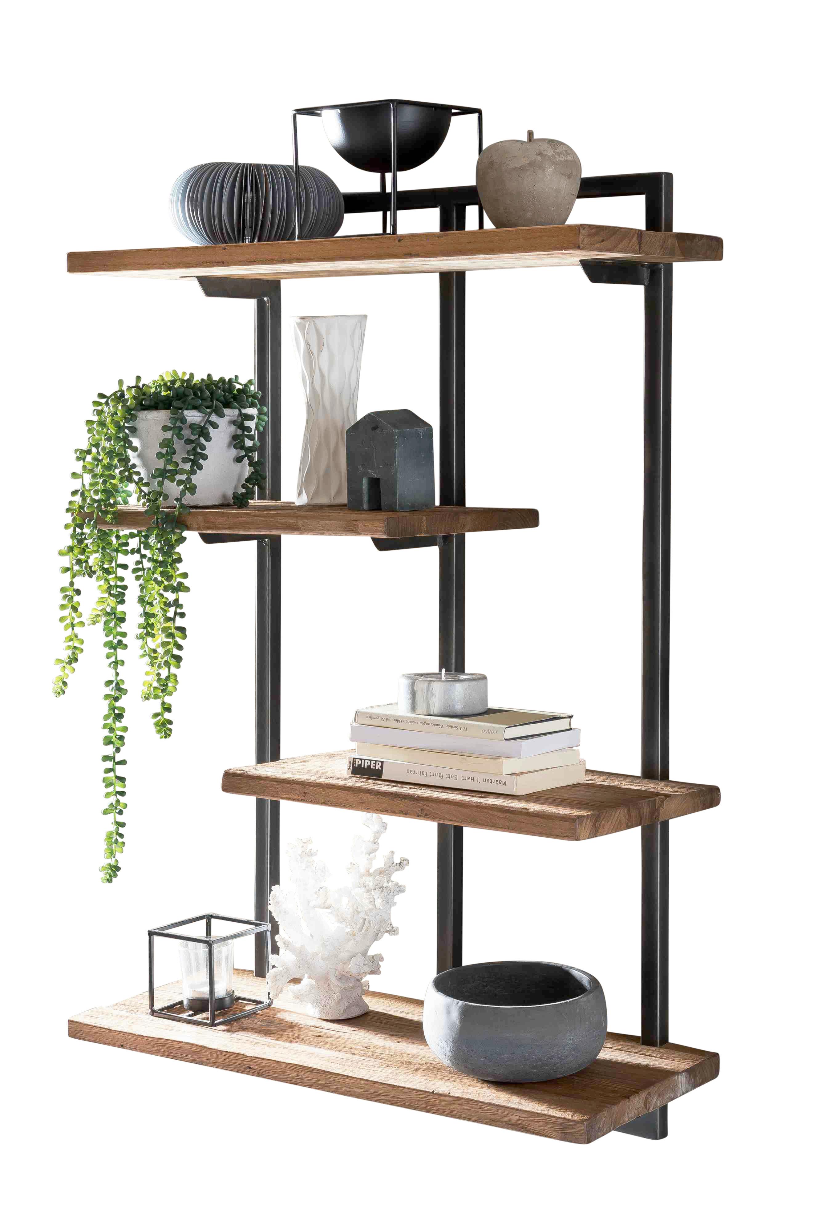 Wandregal 4 Böden Teakholz/Metall B: 70cm - Schwarz/Naturfarben, Design, Holz/Metall (70/97/25cm) - MID.YOU
