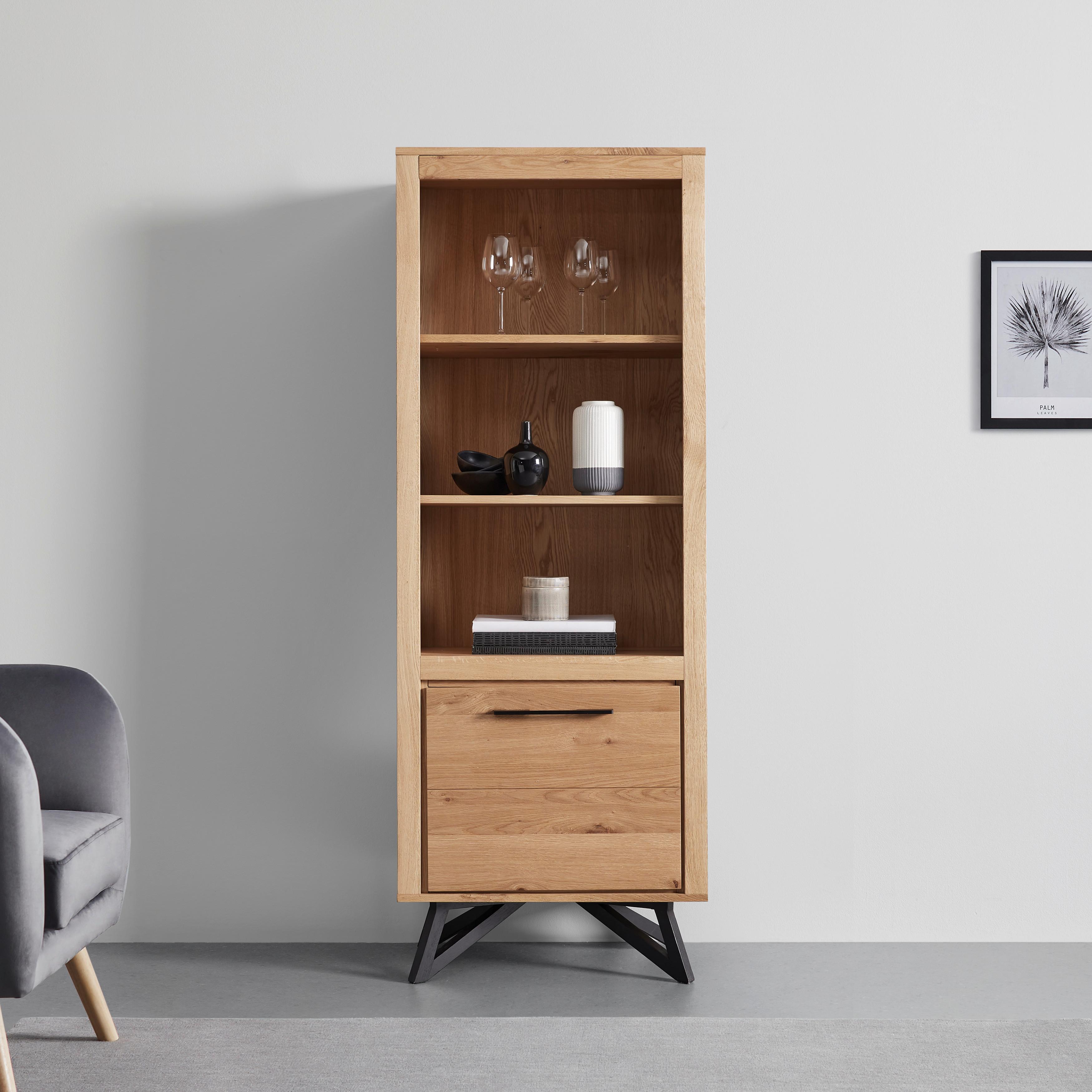 Vitrína Emilio Dub - barvy dubu/černá, Moderní, kov/dřevo (65/175/40cm) - Bessagi Home