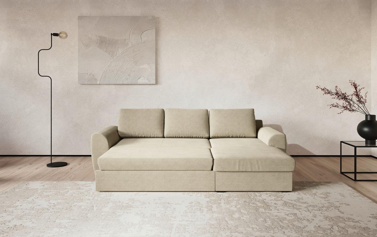 Ecksofa mit Bettfunktion Cord beige, B: 253cm - Beige/Schwarz, Trend, Textil (253/154cm) - MID.YOU