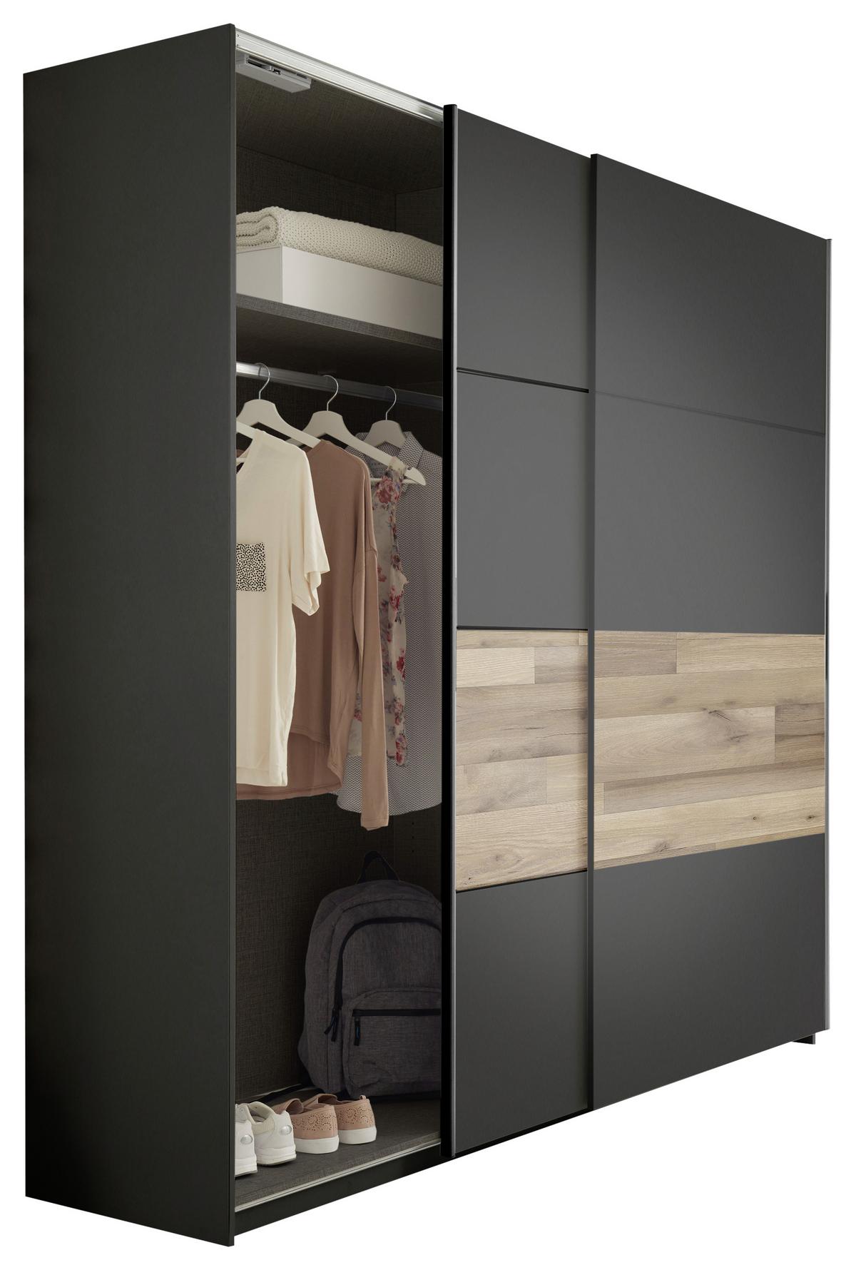 Schwebetürenschrank B: 215 Cm Medina, Graphit/eiche Dekor - Eichefarben/Graphitfarben, MODERN, Holzwerkstoff (215/210/58,5cm) - MID.YOU
