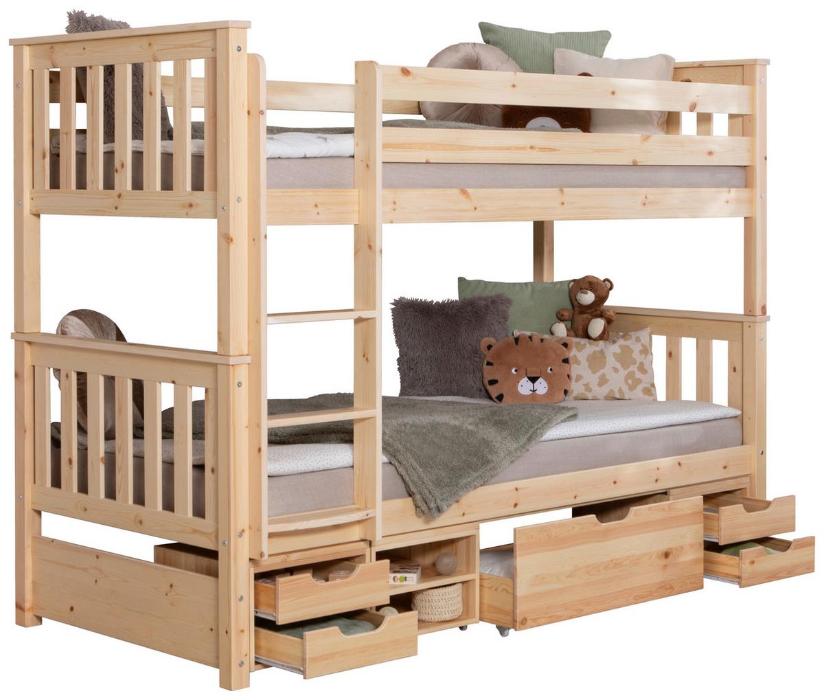 Etagenbett Sammy Kiefer Massiv 90 cm mit Bettkasten + Leiter - Naturfarben, MODERN, Holz (90/200cm) - MID.YOU