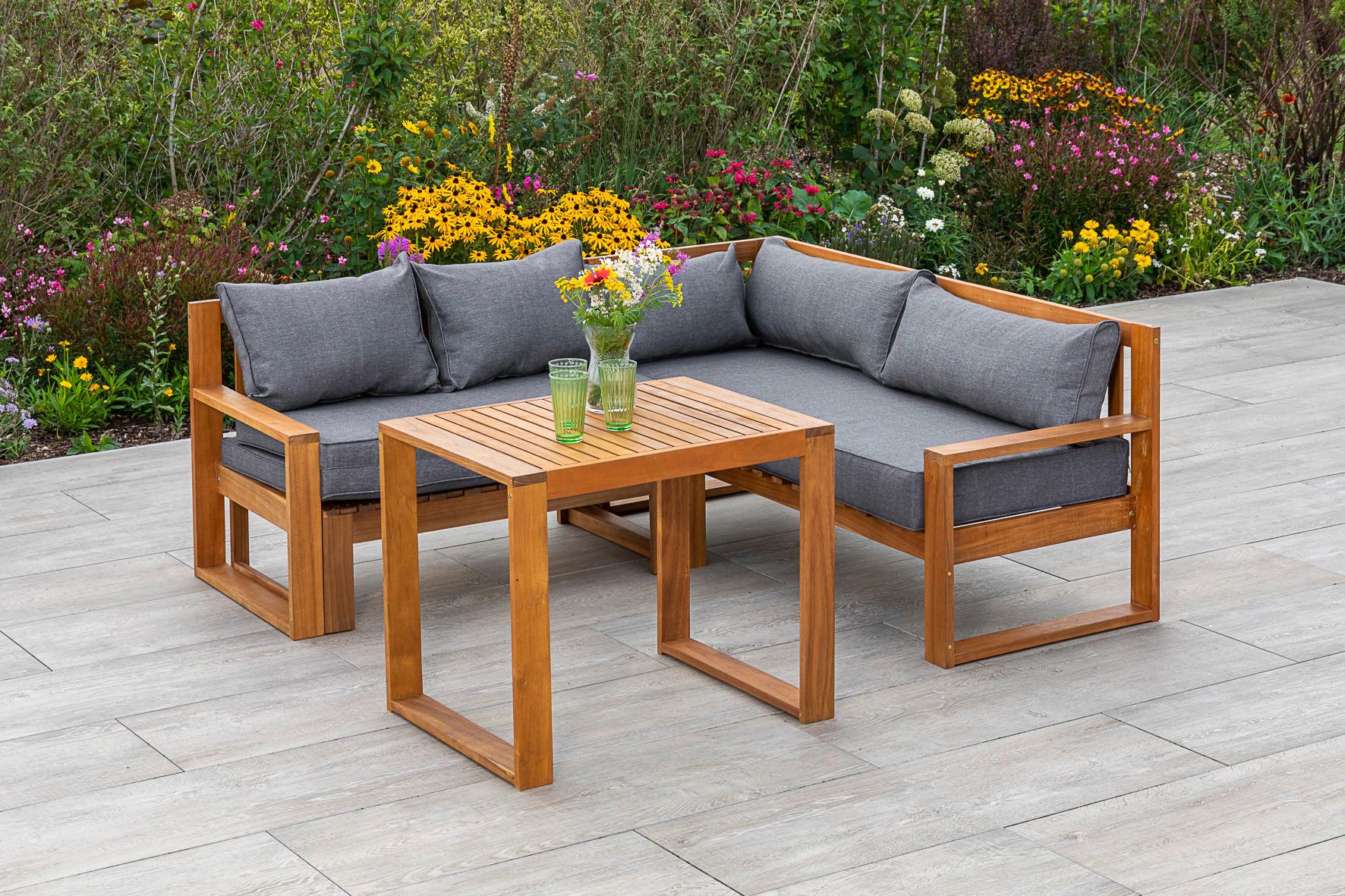 Loungegarnitur Merida Eckset - Naturfarben/Grau, MODERN, Holz (182/166/62,5cm) - Gardenson