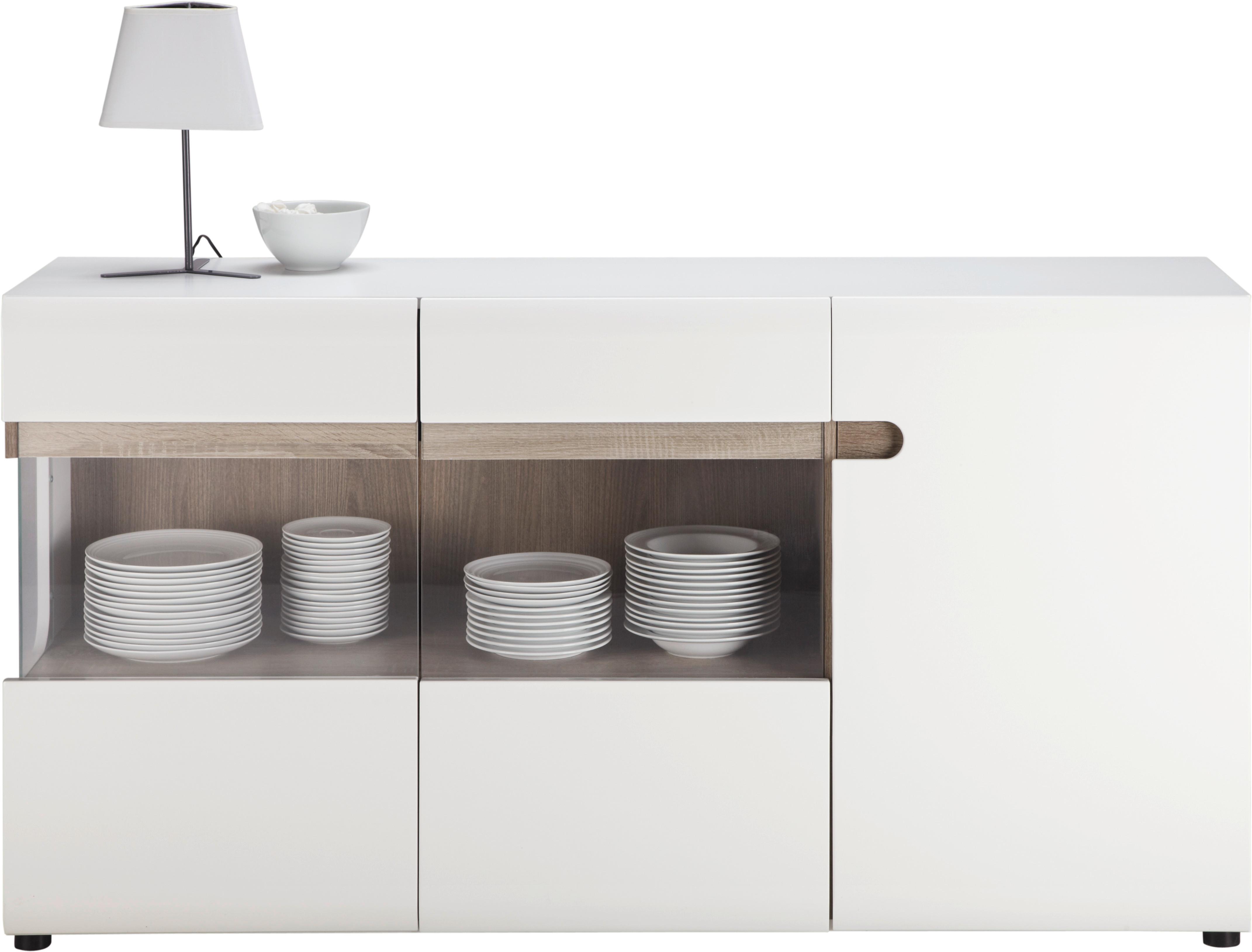 Kommode Linate B: 164 cm Alpinweiss/Trüffel Eiche Dekor - Trüffeleichefarben/Schwarz, MODERN, Glas/Holzwerkstoff (164/86,5/41,9cm)