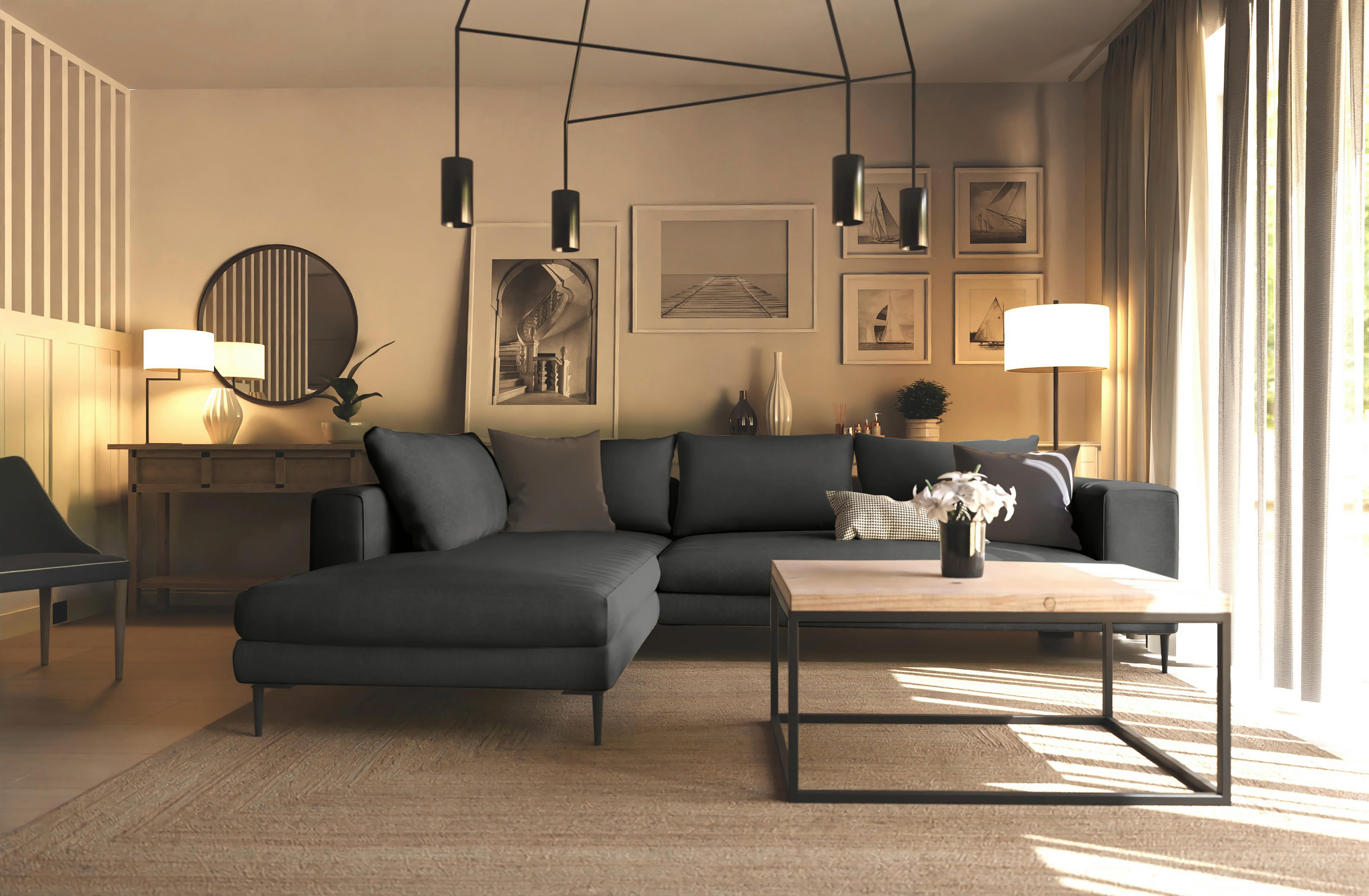 Ecksofa Aurora II inkl. Rückenkissen Taupe - Schwarz/Graphitfarben, MODERN, Textil (210/295cm) - Trendmanufaktur