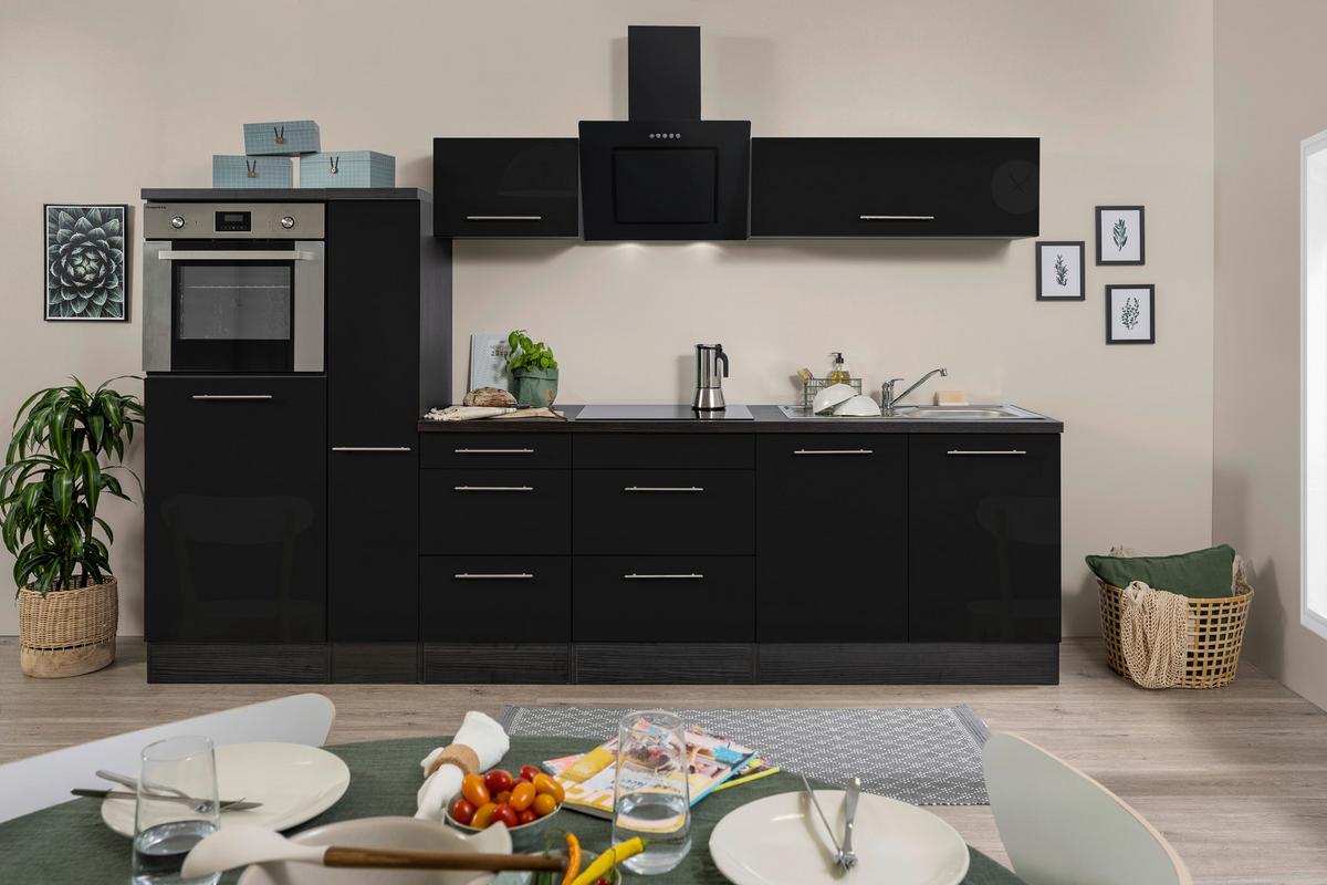 Küchenzeile mit Geräten 300 cm Schwarz Hochglanz/Eiche Grau - Eichefarben/Schwarz, Basics, Holzwerkstoff (300cm) - Respekta