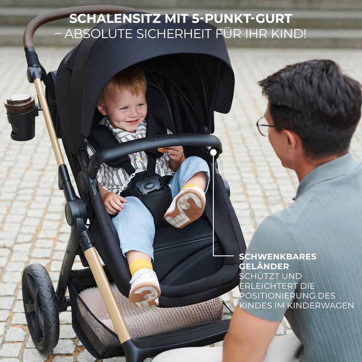 Kinderwagenset schwarz/gold 7tlg. - Goldfarben/Schwarz, Basics, Textil/Metall (86,5/60/106cm) - Kinderkraft
