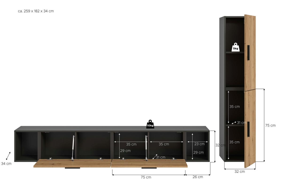 Wohnwand, The One 1, B: 259 cm Artisan Eiche Dekor/Grau - Schwarz/Eiche Artisan, Trend, Holzwerkstoff (259/182/34cm)