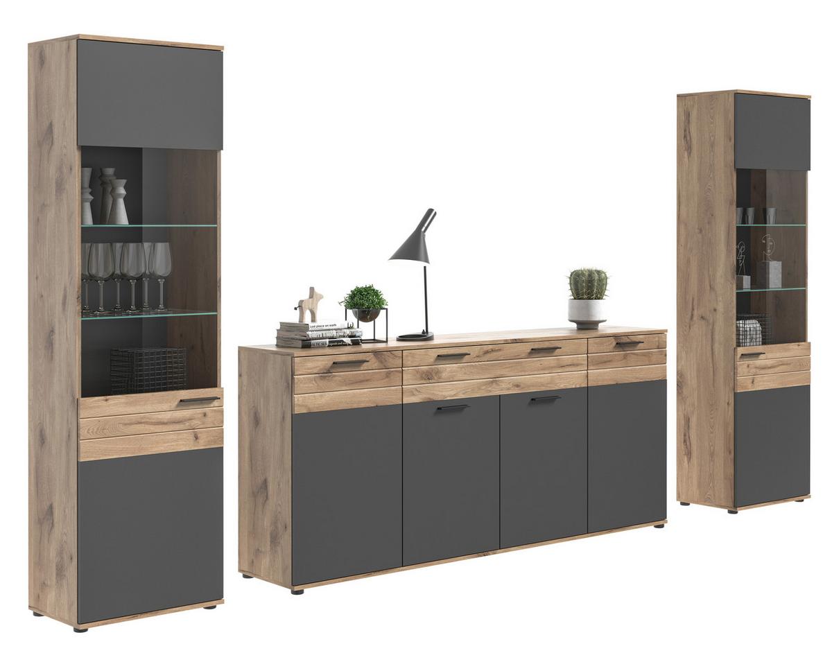 Mason B: 344 cm Nox Oak 3-teilig - Glas/Holzwerkstoff (344/200/40cm) - MID.YOU