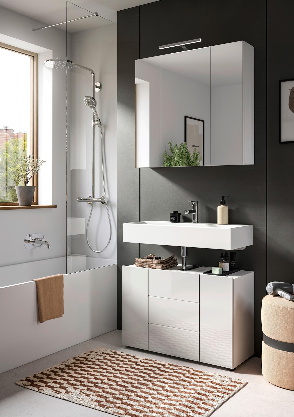 Badezimmer Vira Weiß, inkl. LED - Weiß Hochglanz/Schwarz, MODERN, Holzwerkstoff (82cm) - MID.YOU