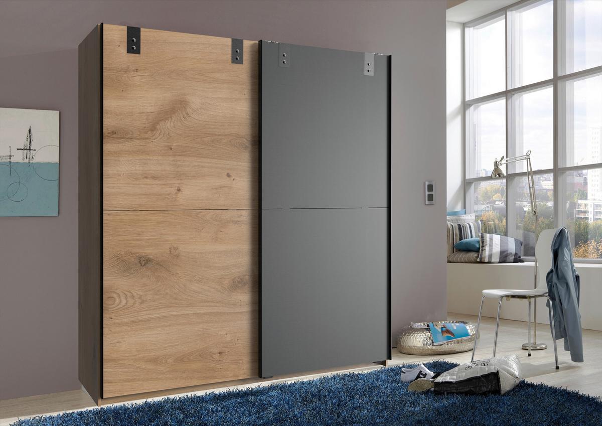 Schwebetürenschrank B: 180 Cm Cardiff, Eiche Dekor/graphit - Eichefarben/Graphitfarben, Basics, Holzwerkstoff (180/198/64cm) - MID.YOU