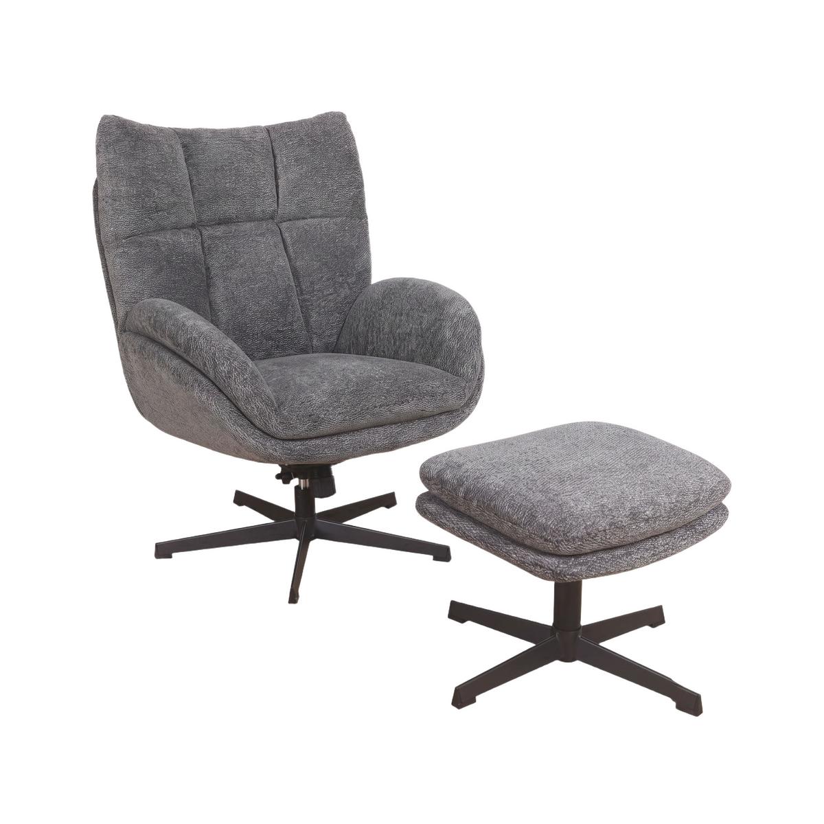 Relaxační křeslo HOUSTON, tm.šedá žinylka, s taburetem - černá/tmavě šedá, Moderní, kov/textil (76/101/87cm)