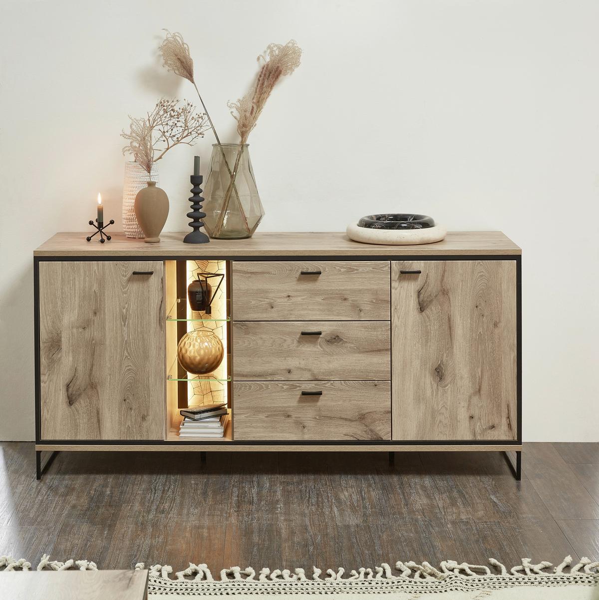 Sideboard Ruben - Eichefarben/Schwarz, KONVENTIONELL, Glas/Holzwerkstoff (180/86/49cm) - Livetastic