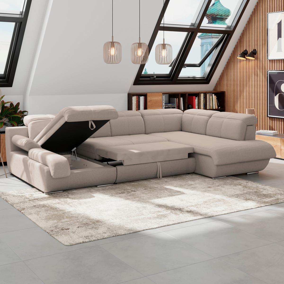 Wohnlandschaft Multi Mit Schlaffunktion Beige - Chromfarben/Dunkelgrau, MODERN, Textil (184/345/228cm) - Luca Bessoni