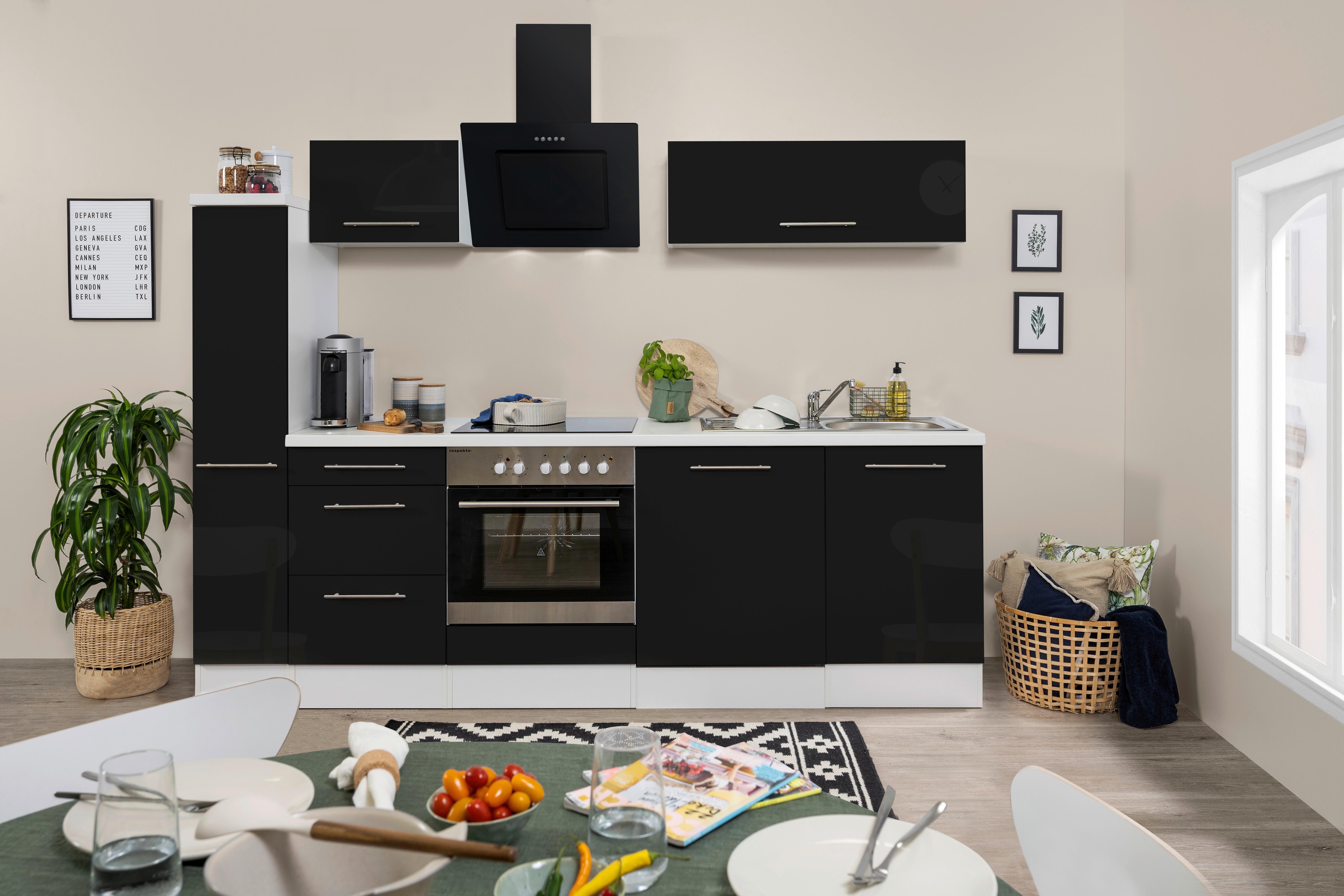 Küchenzeile Rp250wsc mit Geräte 250 cm Schwarz/Weiß - Schwarz/Weiß, KONVENTIONELL, Holzwerkstoff (250cm) - Respekta