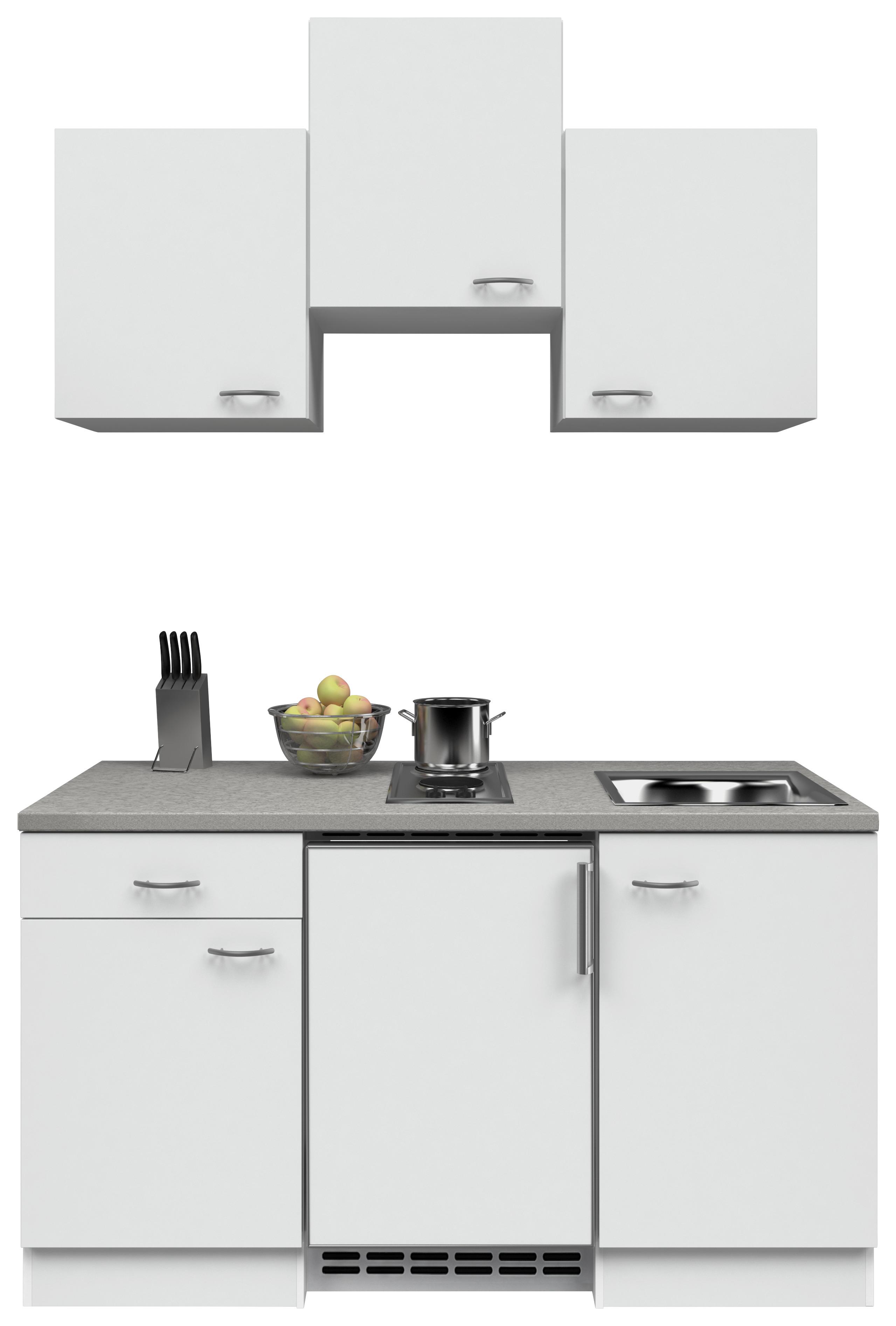 Miniküche mit Kühlschrank + Kochfeld 150cm Weiß/Grau Dekor - Edelstahlfarben/Weiß, MODERN (150cm) - FlexWell