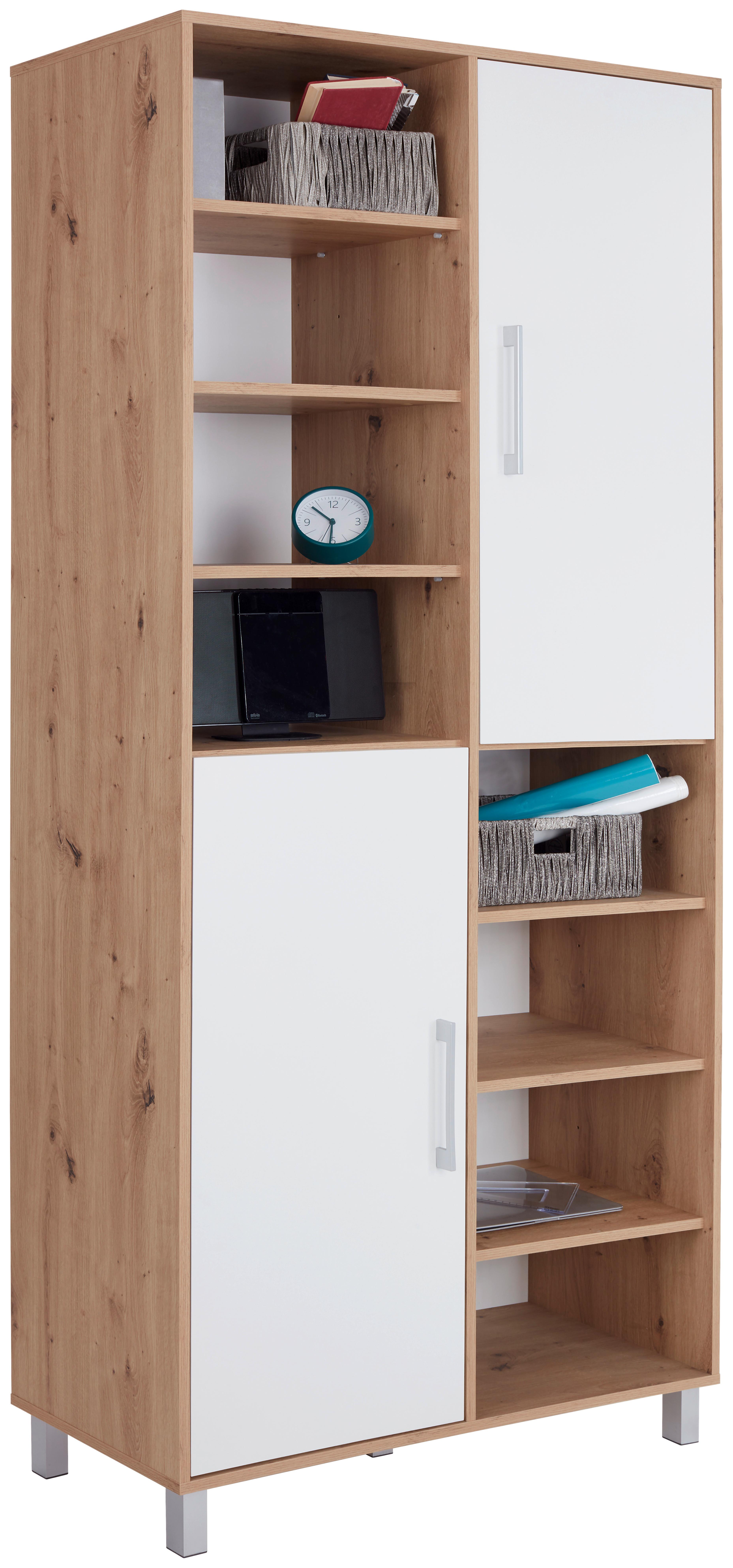 Regal mit Schrankteilen Box B 98cm, Eiche Dekor/Weiß - Eichefarben/Alufarben, MODERN, Holzwerkstoff (98/205/40cm) - Ondega