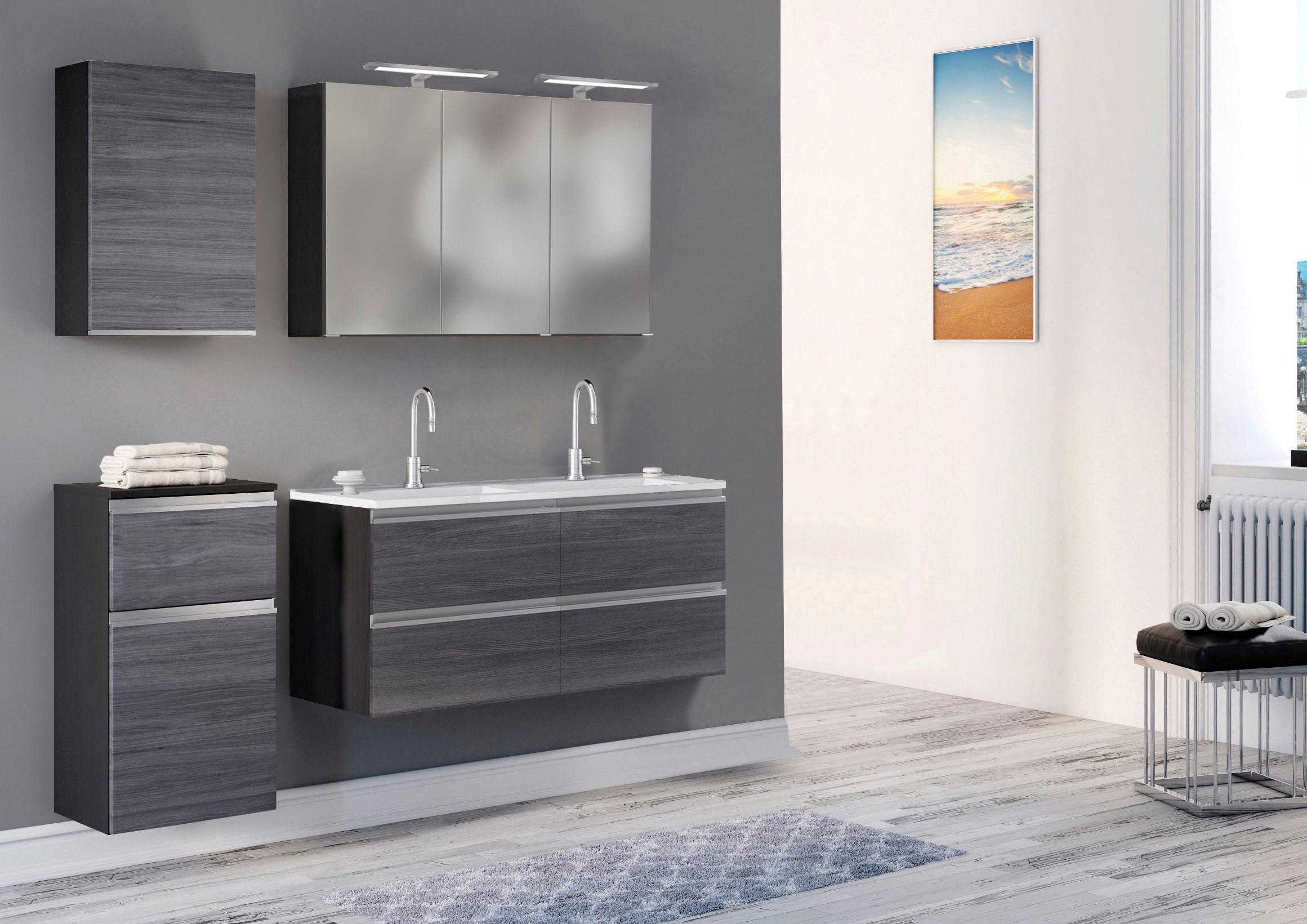 Badmöbel-Set 3-Tlg. inkl. LED Arezzo B: 120cm, Eiche Dekor - Eichefarben/Silberfarben, Basics, Holzwerkstoff/Stein (120cm) - Held