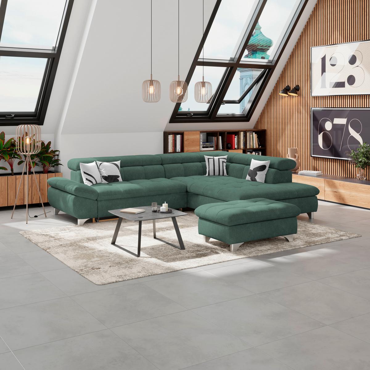 Hocker Gemini Waldgrün, B: 108cm - Waldgrün/Chromfarben, KONVENTIONELL, Textil (108/46/108cm)
