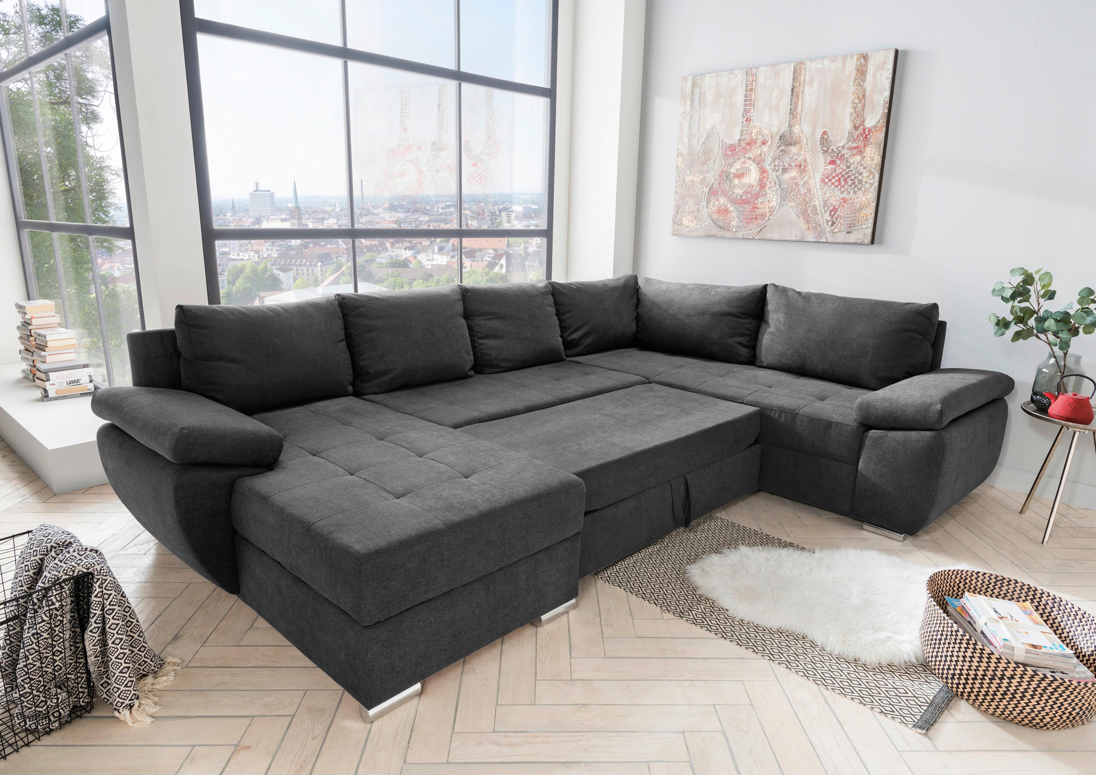 Wohnlandschaft Terana Mit Schlaffunktion, Anthrazit - Chromfarben/Anthrazit, KONVENTIONELL, Textil (157/305/219cm) - Livetastic