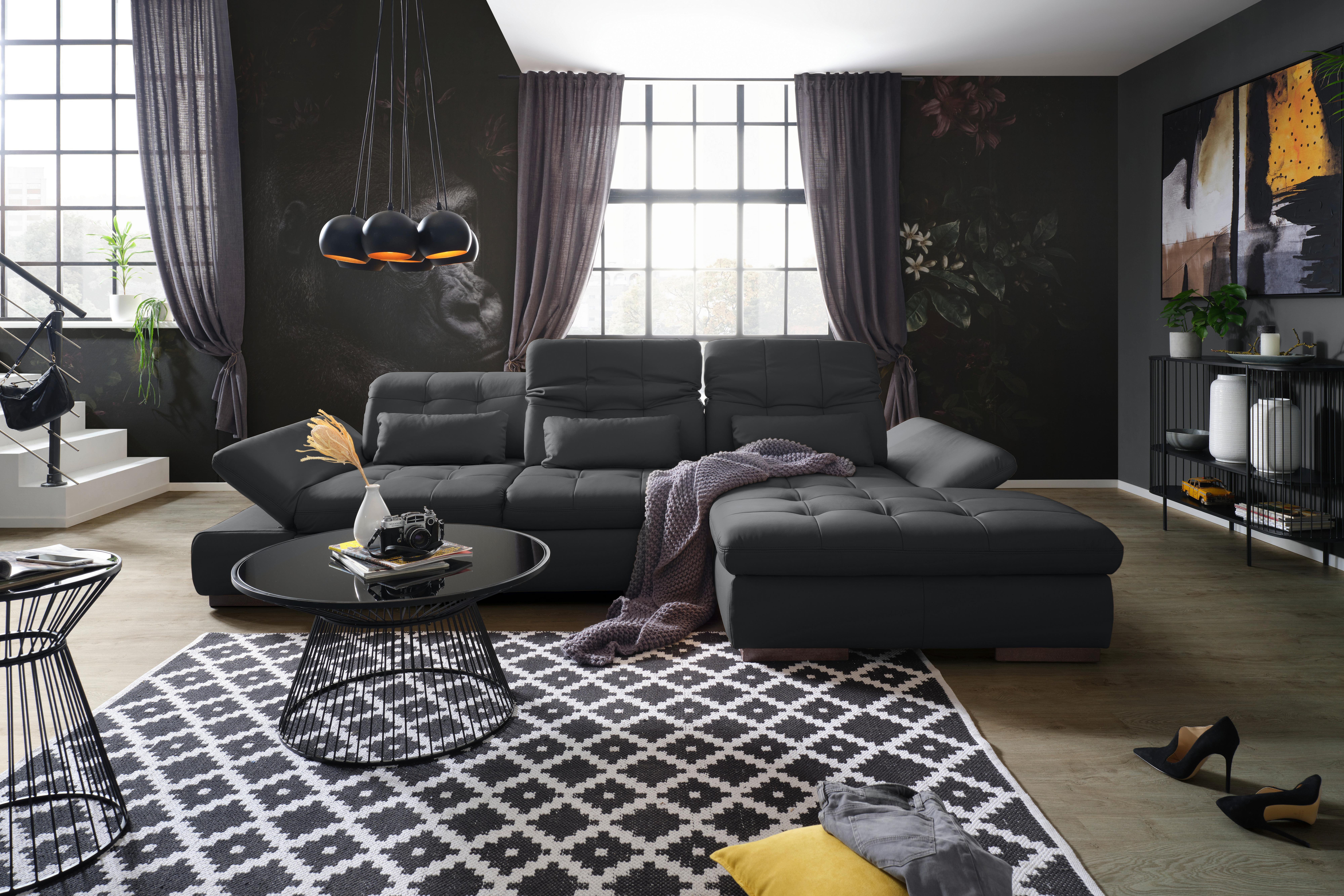 Rohová sedačka SANFINO, pravá, černá pravá kůže - černá/barvy chromu, Konvenční, kov/kůže (305/199cm) - Premium Living