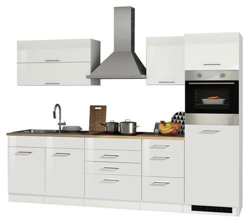 Küchenzeile Mailand mit Geräten 290 cm Weiß Dekor Hochglanz - Weiß Hochglanz/Eichefarben, MODERN, Holzwerkstoff (290cm) - Held